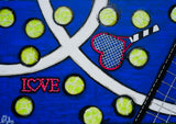 Artistic depiction of tennis balls and a racket with 'LOVE' on a blue background